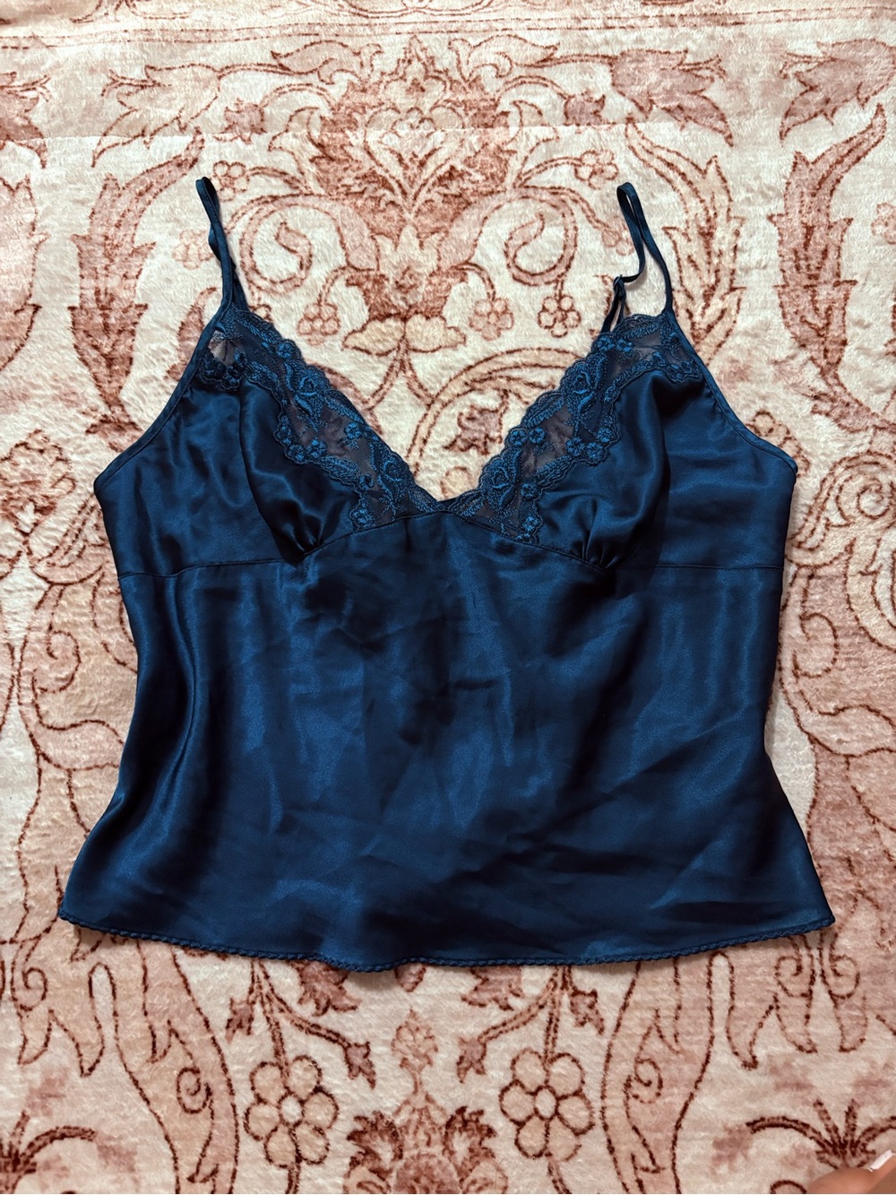 Victoria's Secret Deep Navy Satin Lace Trim Camisole
